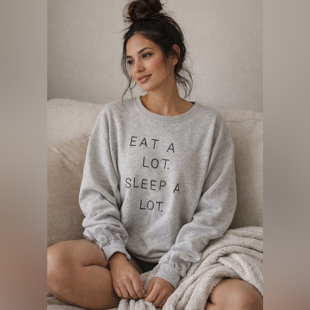 Minga London Graphic Sweatshirt “Eat A Lot Sleep A Lot” Cozy Pullover Size M